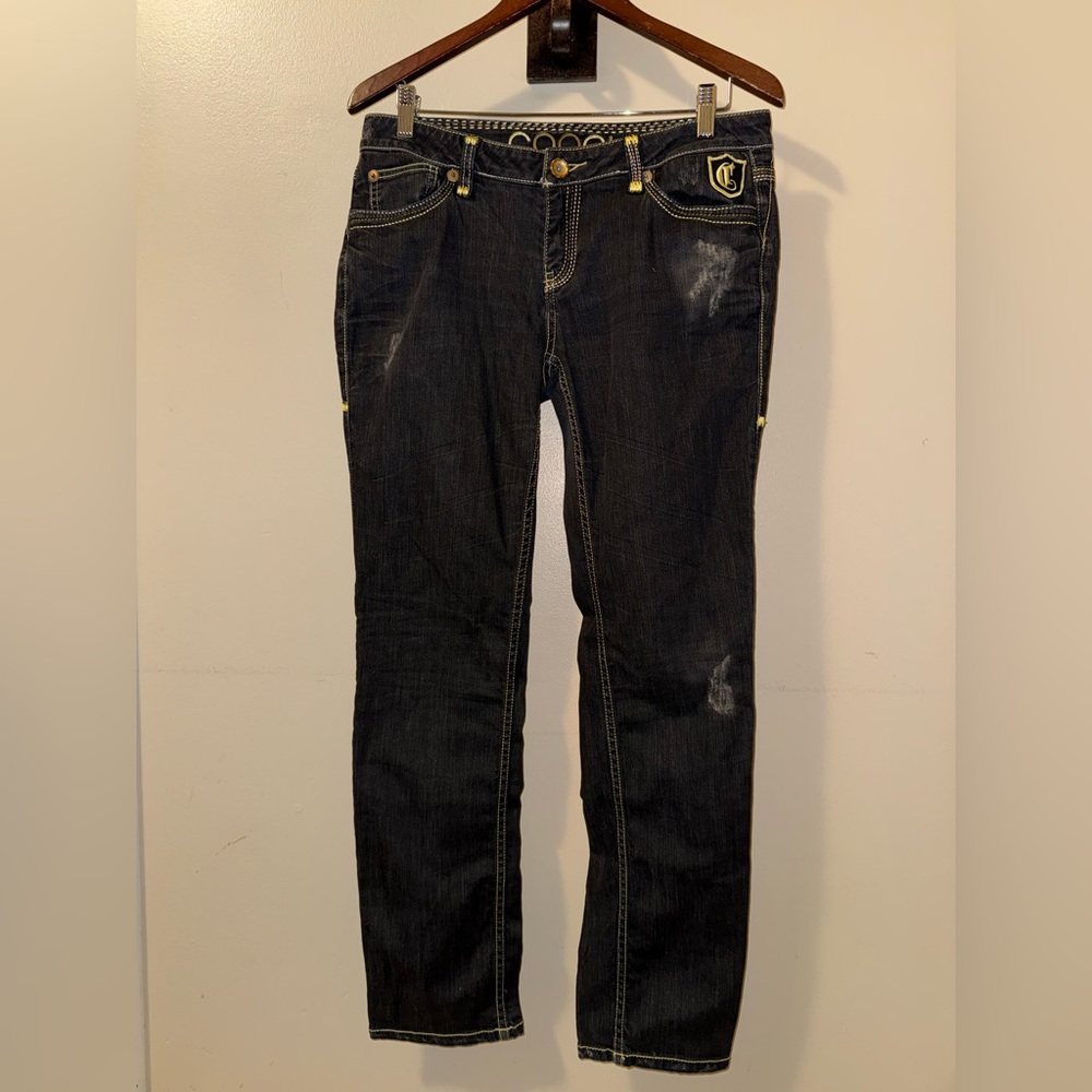Vintage Y2K COOGI Black Straight Leg Distressed Embroidered Jeans Size-11/12